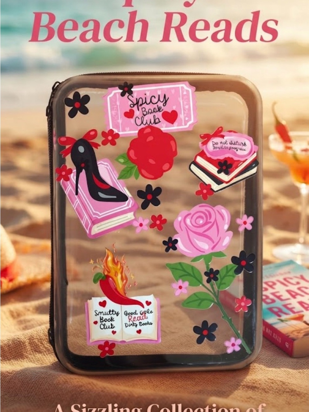 Clear Decorative Book Club Travel Case with Pink Floral Stickers